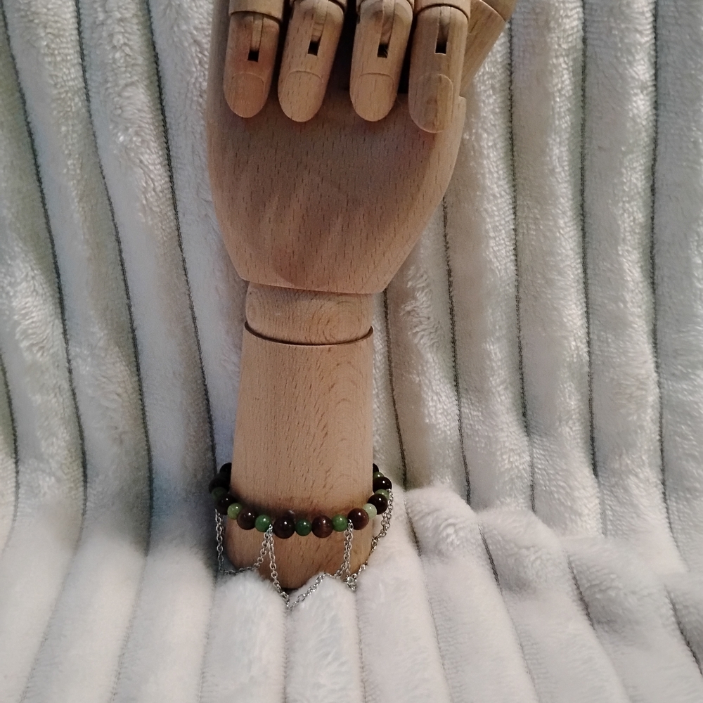 Handmade vibrant green jade and brown cats eye beaded bracelet w silver chains